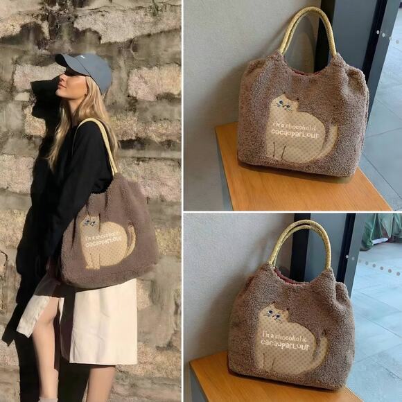 Cozy Teddy Fleece Cat Appliqué Tote Bag - Kusuguru Japan - Picture 9 of 9